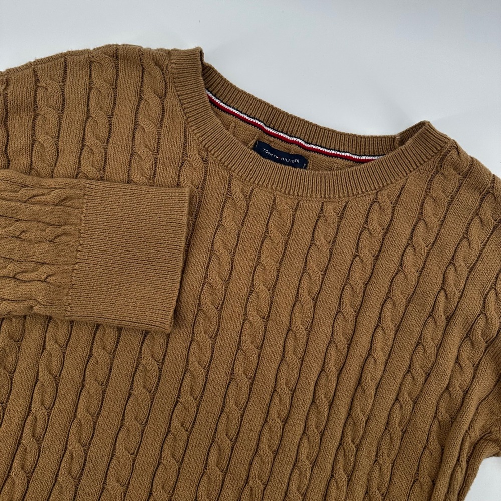 Tommy Hilfiger Womens Cable Knit Crew Neck Sweater Tan Brown Medium